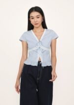 Manila Lace Trim Ribbon Blouse (Plaid)