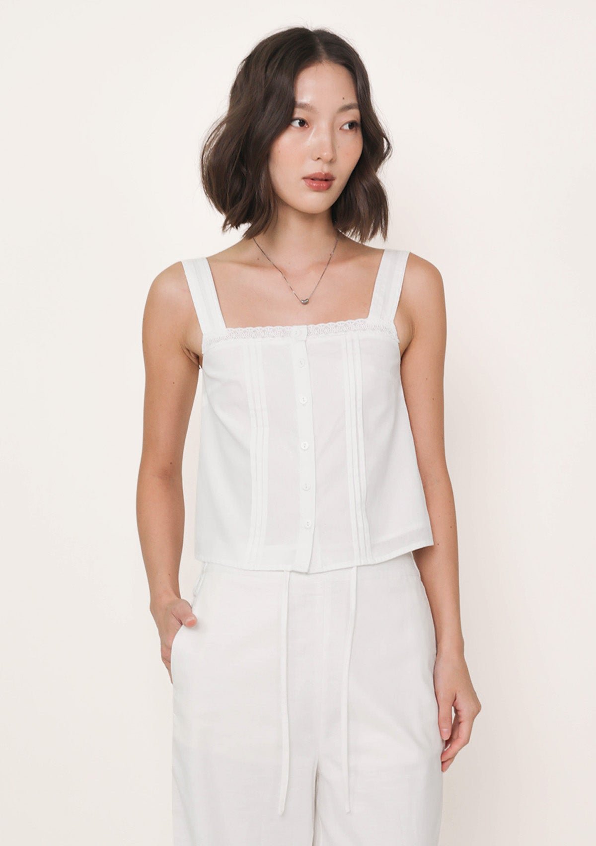 White-Giselle-Lace-Trim-Button-Top-image-2 Giselle Lace Trim Button Top - Image 1