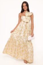 Betina Bow Front Maxi Dress - Yellow Brocade - Image 2