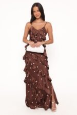 Ciao Ruffles Maxi Satin Dress - Brown Polka Dot - Image 2