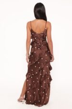 Ciao Ruffles Maxi Satin Dress - Brown Polka Dot - Image 5