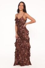 Ciao Ruffles Maxi Satin Dress - Brown Polka Dot - Image 4