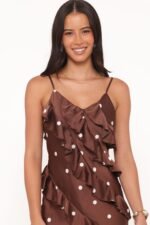 Ciao Ruffles Maxi Satin Dress - Brown Polka Dot - Image 3
