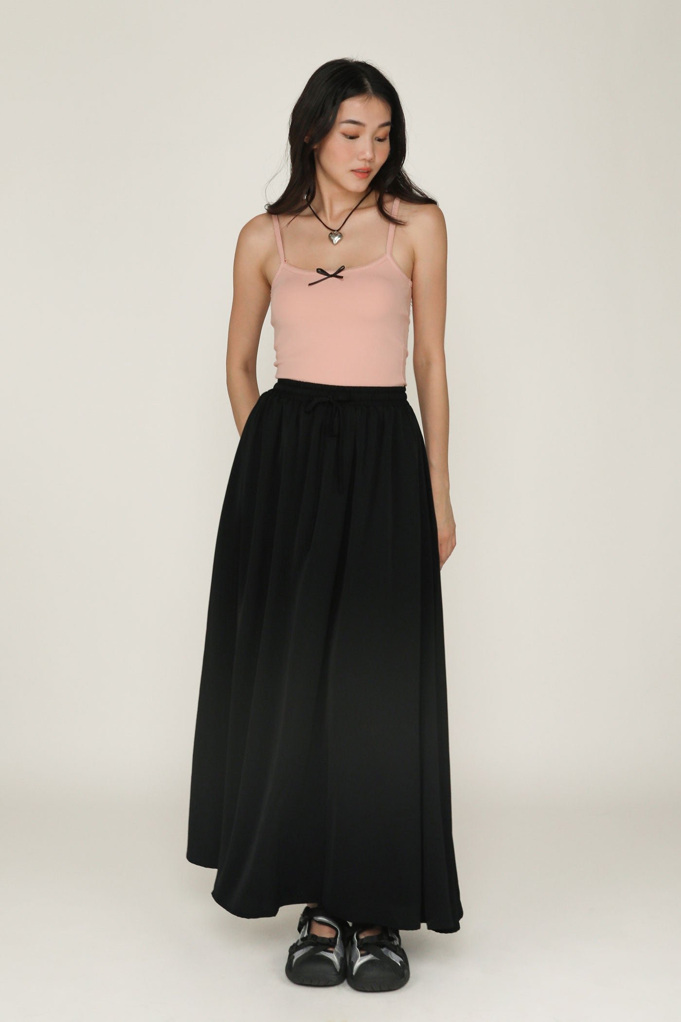 rylee-black-drawstring-flare-maxi-skirt-image-1-the-tinsel-rack-singapore-1 Rylee Drawstring Flare Maxi Skirt - Image 1