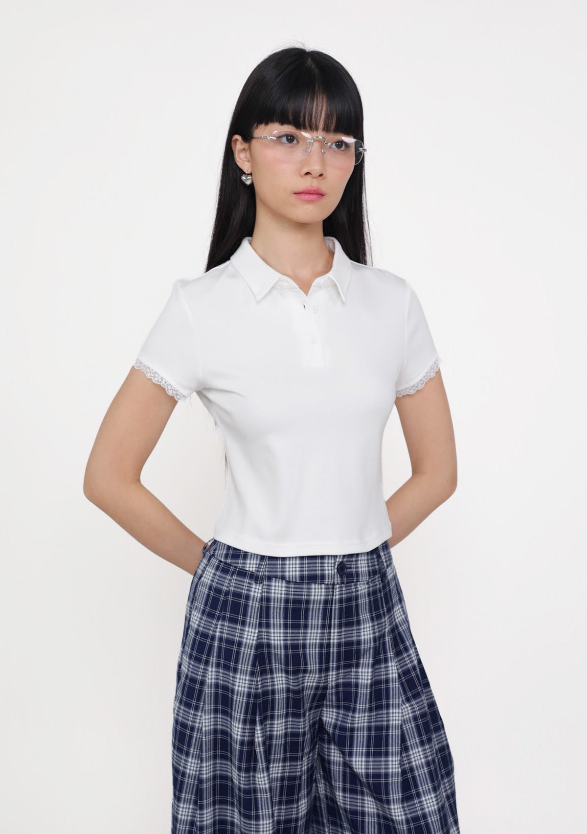 white-liana-lace_trim_polo_tee-image-1 Liana Lace Trim Polo Tee - Image 1